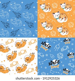 A cat in space plays with a planet collection. Linear drawing vector illustration seamless pattern. Cartoon funny animals