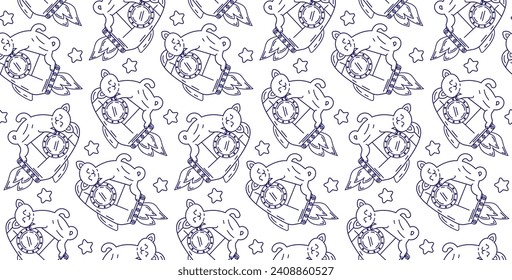 Cat in space seamless pattern. Children's coloring book on a white background isolated. Line drawing vector illustration with cute space cats.