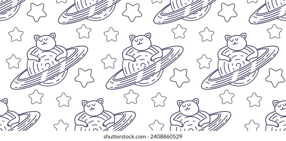 Cat in space seamless pattern. Children's coloring book on a white background isolated. Line drawing vector illustration with cute space cats.