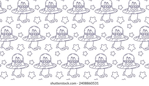 Cat in space seamless pattern. Children's coloring book on a white background isolated. Line drawing vector illustration with cute space cats.