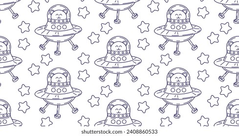 Cat in space seamless pattern. Children's coloring book on a white background isolated. Line drawing vector illustration with cute space cats.