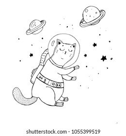 cat in space suit in space planets and stars, cartoon hand drawn vector illustration. Can be used for baby t-shirt print, fashion print design, kids wear, baby shower celebration