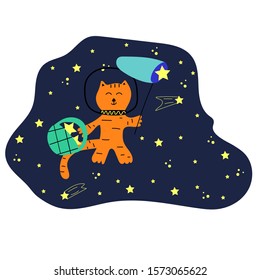 Cat in the space trapping stars with a net and basket. Cute vector illustration for nursery design.