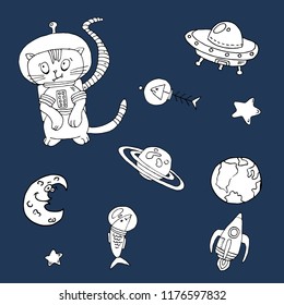 cat and space, vector set of doodles