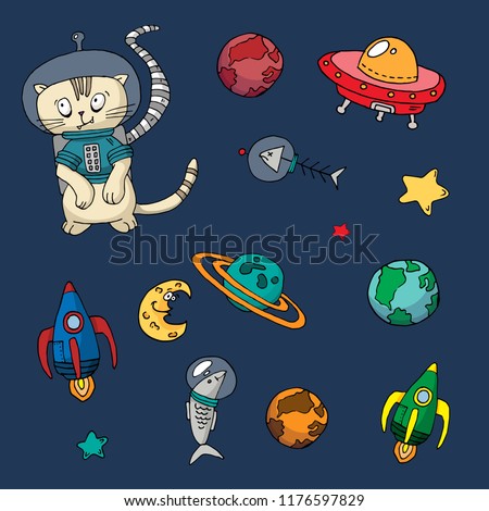 cat and space, vector set of doodles