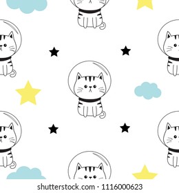 Cat spaceman head, hands. Cloud, star shape. Cute cartoon kawaii character. Baby pet collection. Seamless Pattern Wrapping paper, textile template. White background. Flat design. Vector