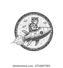 Gato en un diseño de Vector plano del icono del grabado de la nave espacial.