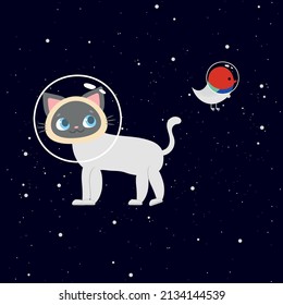 Cat In A Spacesuit. Astronaut Kitten In Outer Space. Vector Illustration, Eps 10.