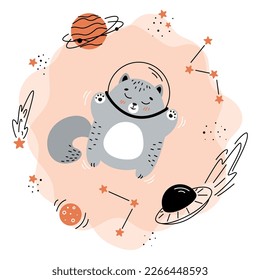 Un gato en un espacio con un casco y un planeta.