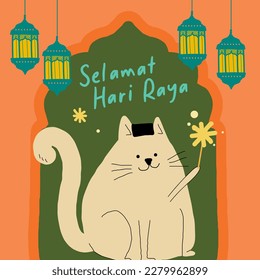 cat with sparklers hari raya greetings design template with malay words that mean 'happy hari raya'