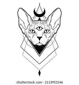 Esfínx de gato tres ojos cabeza dibujada a mano vectorial. Esbozo de iluminación animal