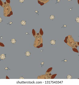 Cat sphinx. Cat without wool with big ears. Wrinkled skin. Seamless pattern. Flowers