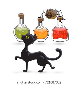 Cat, spider, bubbles with a potion or poison. Elements from collection of Halloween. Handmade drawing. Isolated on white background. Vector illustration