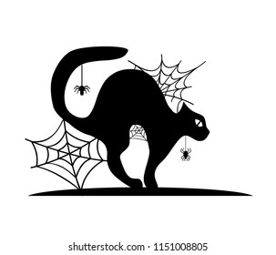 cat and spider web, black silhouette vector on a white background