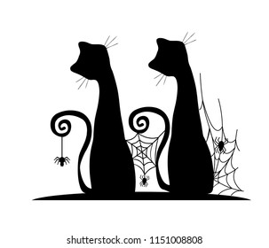 cat and spider web, black silhouette vector on a white background