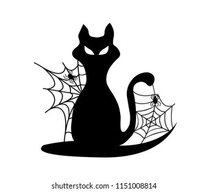 cat and spider web, black silhouette vector on a white background