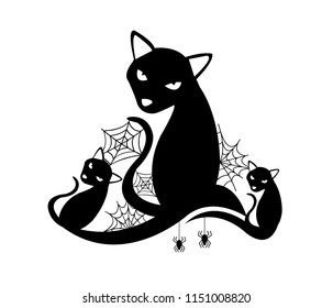 cat and spider web, black silhouette vector on a white background