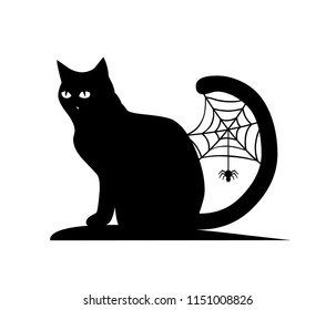 cat and spider web, black silhouette vector on a white background