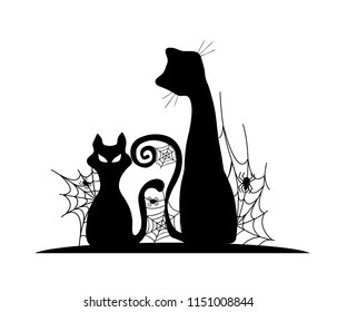 cat and spider web, black silhouette vector on a white background