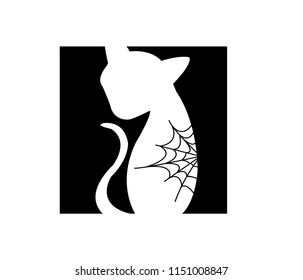 cat and spider web, black silhouette vector on a white background