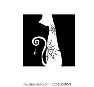 cat and spider web, black silhouette vector on a white background