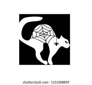 cat and spider web, black silhouette vector on a white background