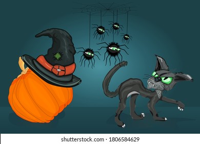 Cat, spiders, pumpkin with witch hat. Angry black cat and spiders look at each other. Spiders hanging on thread web. Funny cartoon character. Happy Halloween theme poster. Stock vector illustration