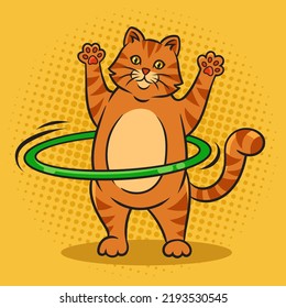 cat spins a hula hoop workout pop art retro vector illustration. Comic book style imitation.