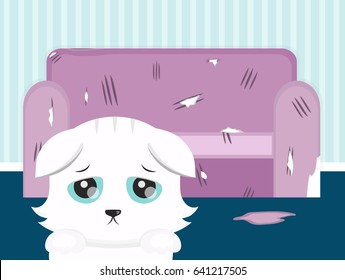 The Cat Spoiled The Sofa. Sad Cat Vector Flat Cartoon Illustration Design. Pets Sharpening Claws On The Sofa Concept.  Torn Cushion