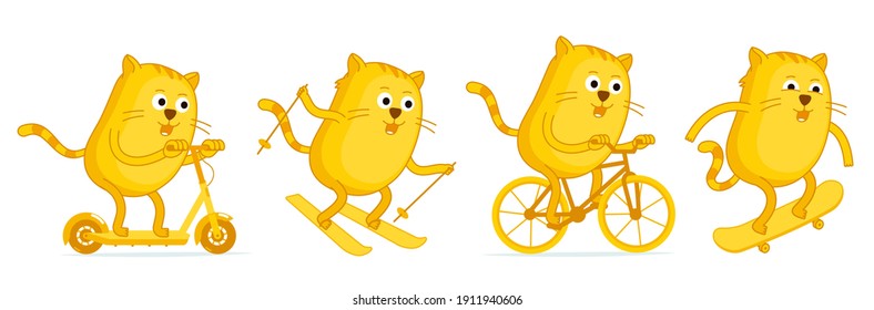 Cat sports entertainment set of stickers. Scooter ski bike and skateboard. Ginger cat. Mascot character. Active lifestyle pet. Cartoon vector.