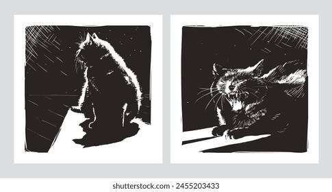 Cat in a spot of light from a window. Two black and white posters in engraving style for interior or print, vector illustration, freehand drawing.	