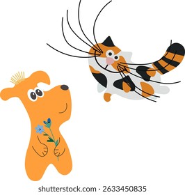 Gato con manchas y perro con Vector plano de flores