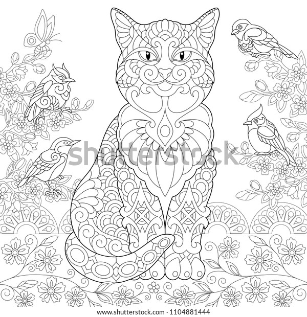 Chat Et Oiseaux De Printemps Dans Image Vectorielle De Stock Libre De Droits