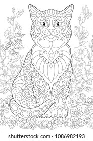 Cat Spring Garden Coloring Page Adult Stock Vector (Royalty Free ...