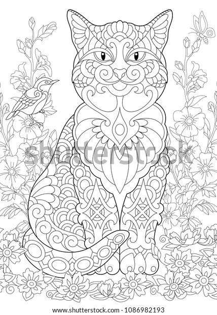 Cat Spring Garden Coloring Page Adult Stock Vector Royalty Free 1086982193