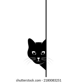 Cat is spying on you. Black cat is looking around the corner. Pet symbol. Vector illustration