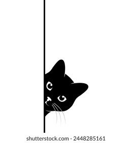 Cat is spying on you. Black cat is looking around the corner. Pet symbol. Vector illustration