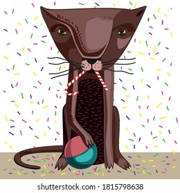 Cat with squinted evil eyes and a broken Christmas stick in his mouth