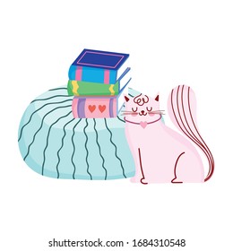 gatito con cojín de libros de pila, ilustración vectorial del día del libro