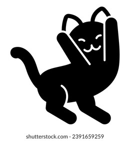 Parada de gato en sus patas traseras frente a icono sólido, concepto de animales divertidos, señal de vector de baile de gatito sobre fondo blanco, icono de estilo glifo para concepto móvil y diseño web. Gráficos vectoriales