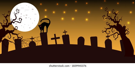 A cat is standing in cemetery in full moon night , full moon background, halloween background, halloween poster design 