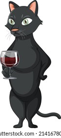 A cat standing and drinking wine on white background illustration