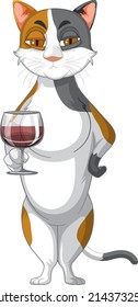 Eine Katze steht und trinkt Wein auf weißem Hintergrund, Vektorgrafik