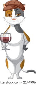 A cat standing and drinking wine on white background illustration