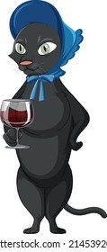Un gato parado y bebiendo vino en la ilustración de fondo blanco