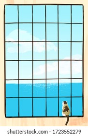 A cat standing at the edge of window.
illustration background, wallpaper background.