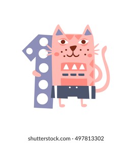 Cat Standing Next To Number One Stylized Funky Animal