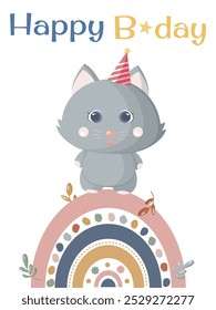 Cat standing on rainbow. Happy birthday card for children