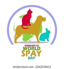 A cat standing over a dog with a rabbit and frame with bold text on white background to commemorate World Spay Day on February 28