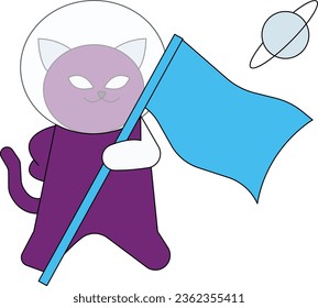 El gato está parado en el espacio con una bandera.